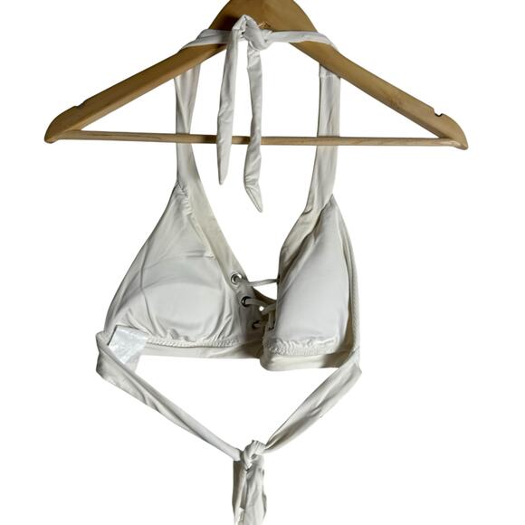 Becca Rebecca Virtue Modern Edge White Ribbed Lace Up Strappy Halter Bikini Top - Picture 4 of 7